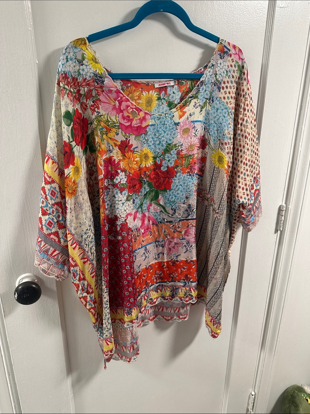 Johnny Was Bright Multicolor 100% Silk Floral Patchwork V-Neck Tunic